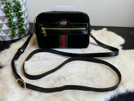 GUCCI Mini Ophidia Black Suede Web Crossbody