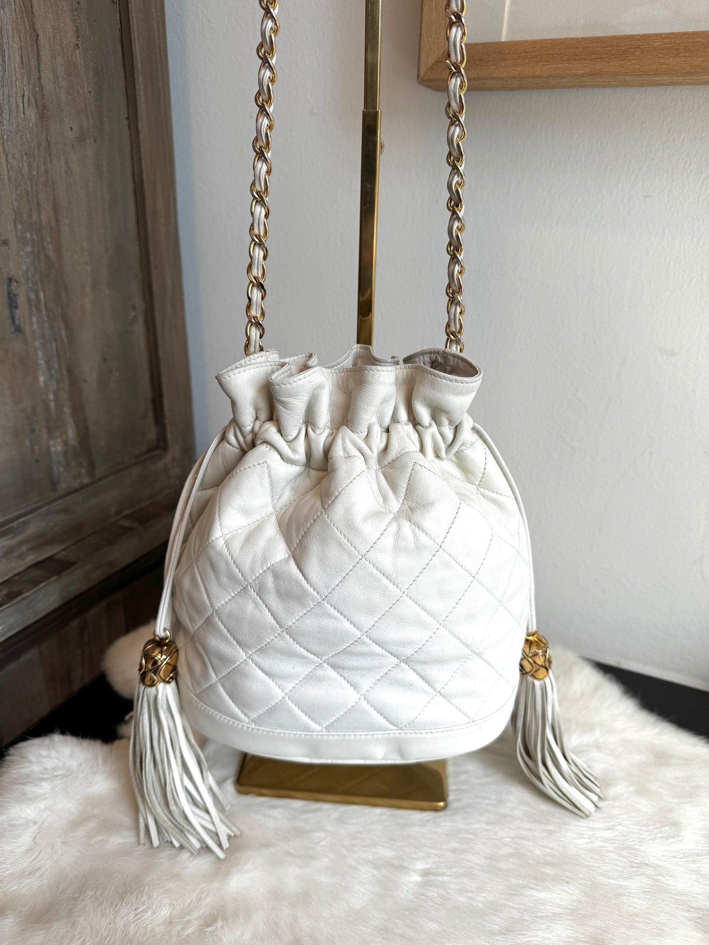 Chanel Small White Lambskin Bucket Pouch