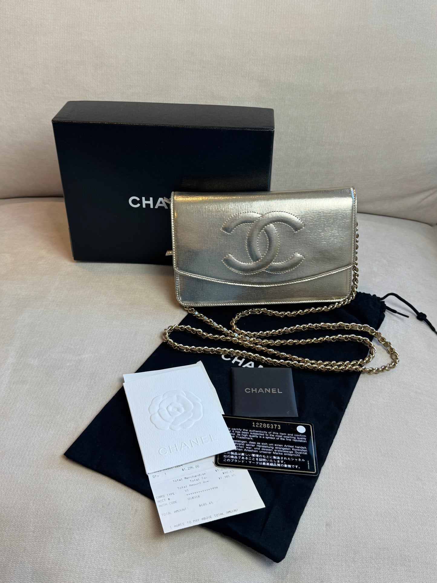 Chanel Metallic Gold Timeless Leather Wallet On Chain