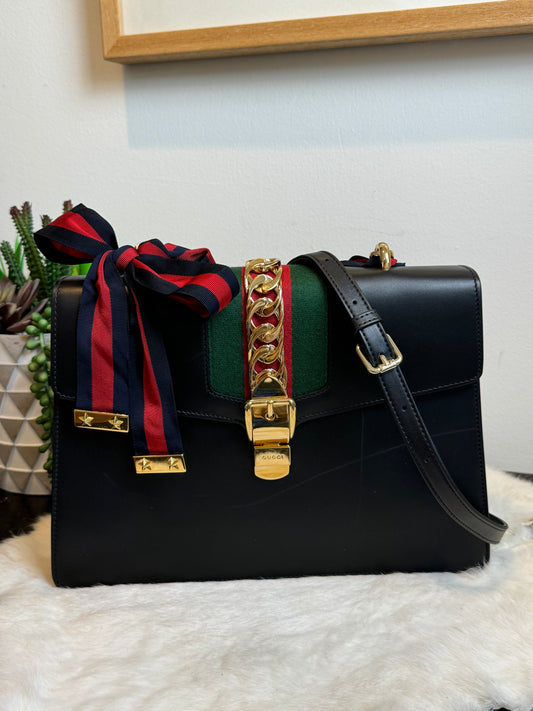 GUCCI Sylvie Medium Bag Black 2-Way Ribbon Strap