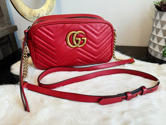 GUCCI Red Leather GG Marmont Small Camera Bag