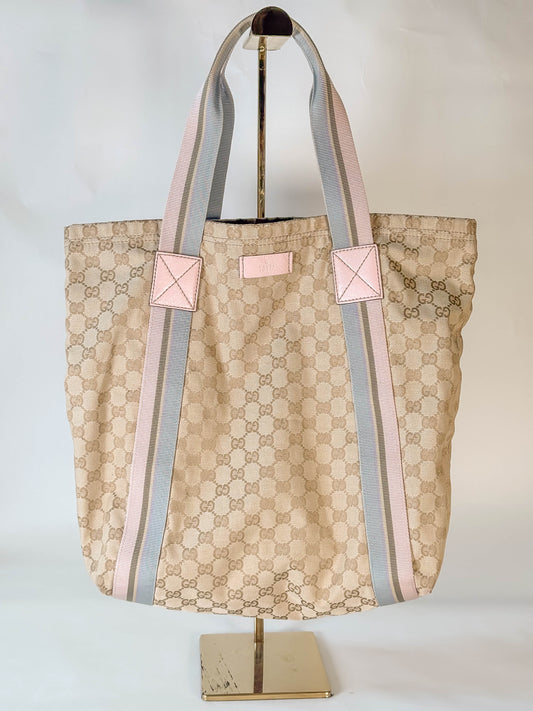 GUCCI Tan/Pink Canvas Sherry Line Web Tote