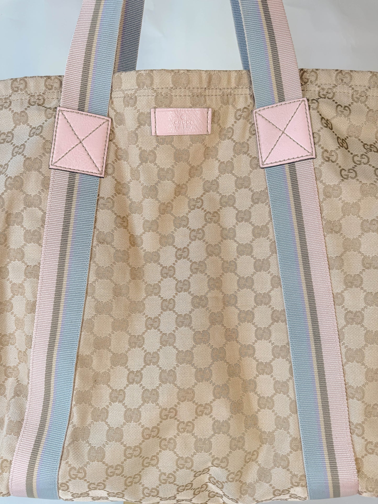 GUCCI Tan/Pink Canvas Sherry Line Web Tote