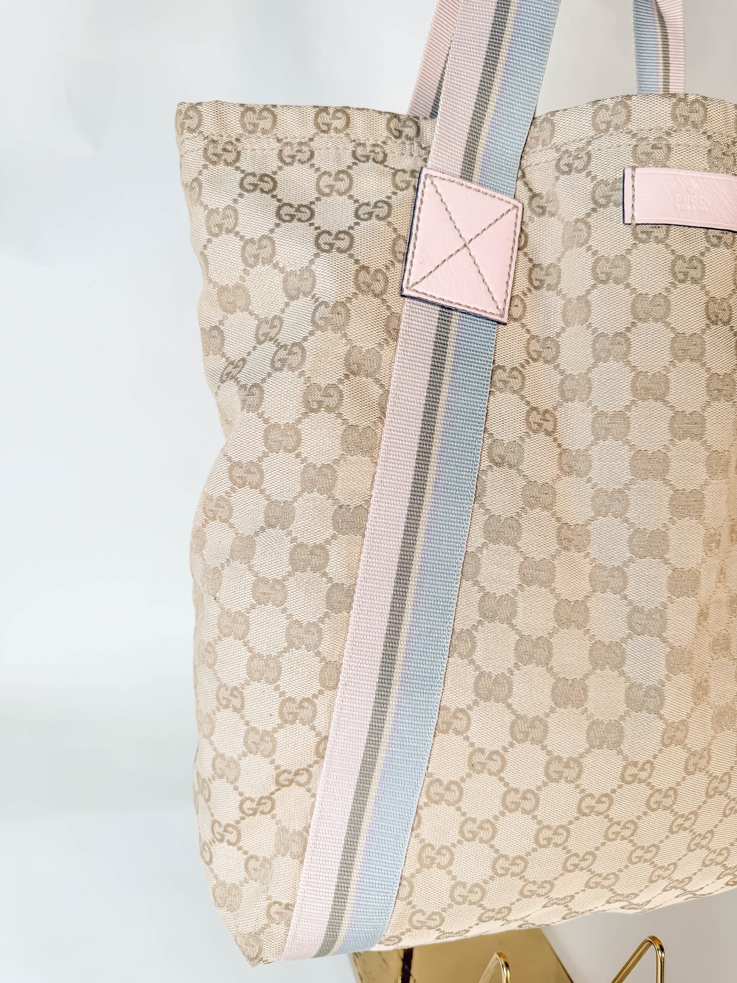 GUCCI Tan/Pink Canvas Sherry Line Web Tote