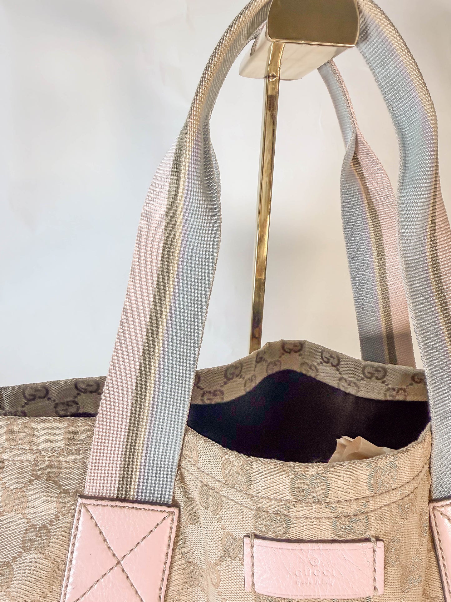 GUCCI Tan/Pink Canvas Sherry Line Web Tote