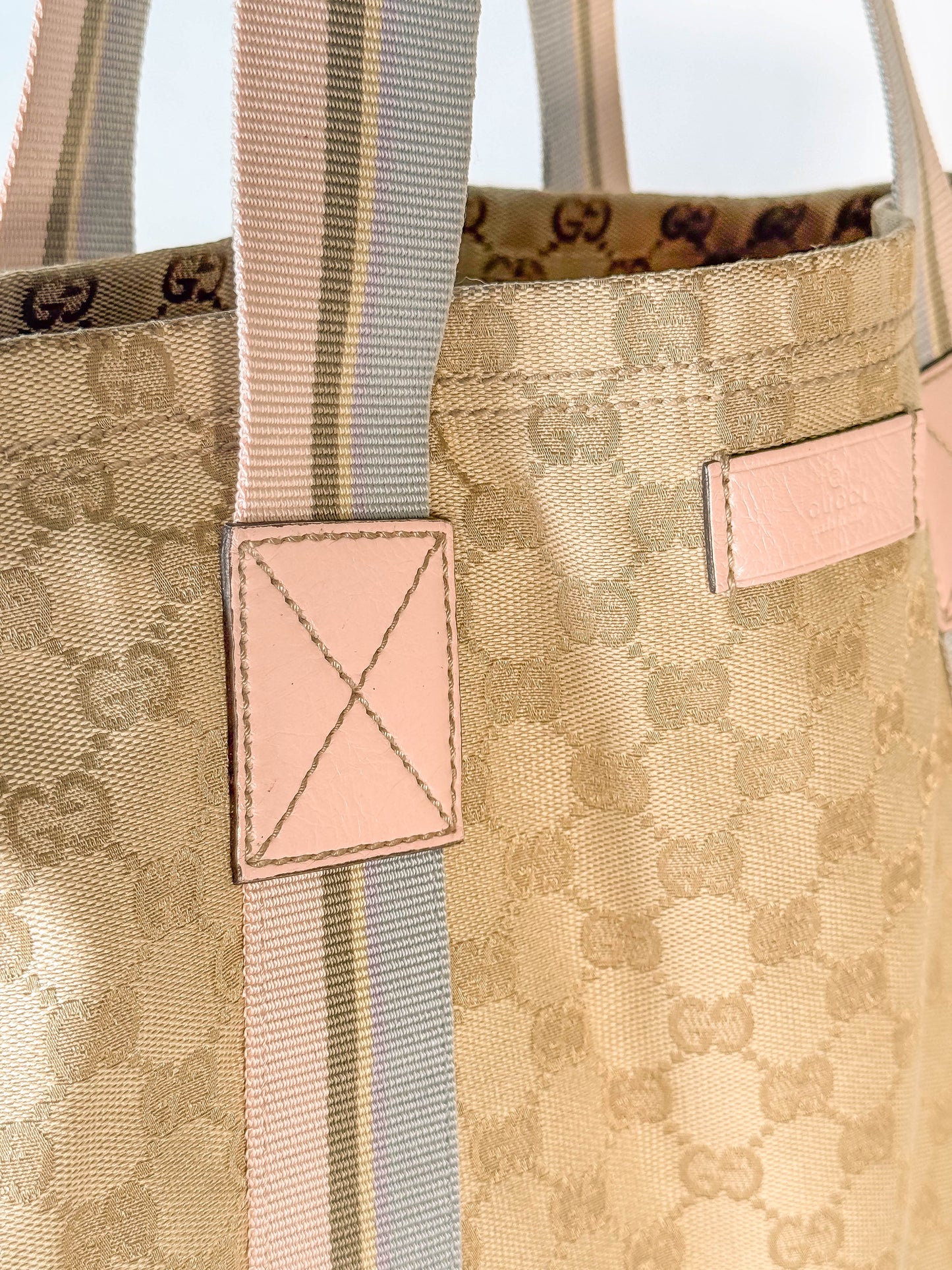 GUCCI Tan/Pink Canvas Sherry Line Web Tote
