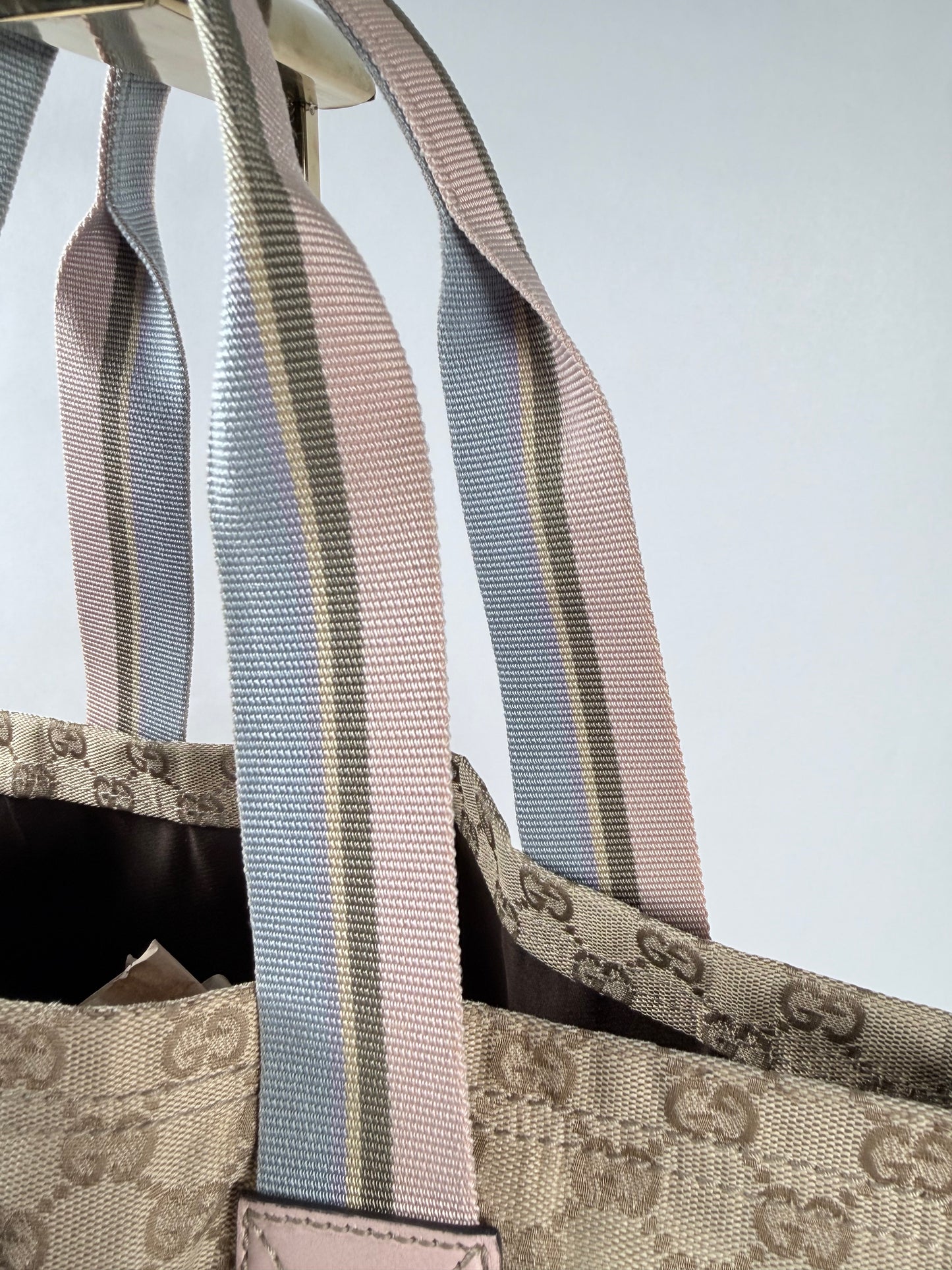 GUCCI Tan/Pink Canvas Sherry Line Web Tote