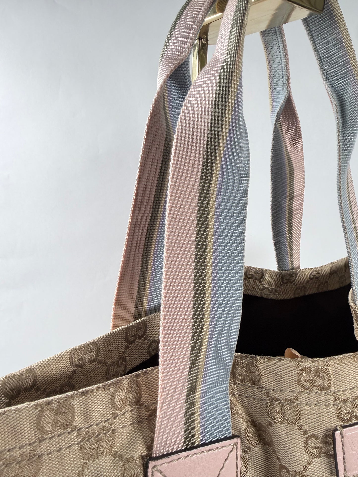 GUCCI Tan/Pink Canvas Sherry Line Web Tote