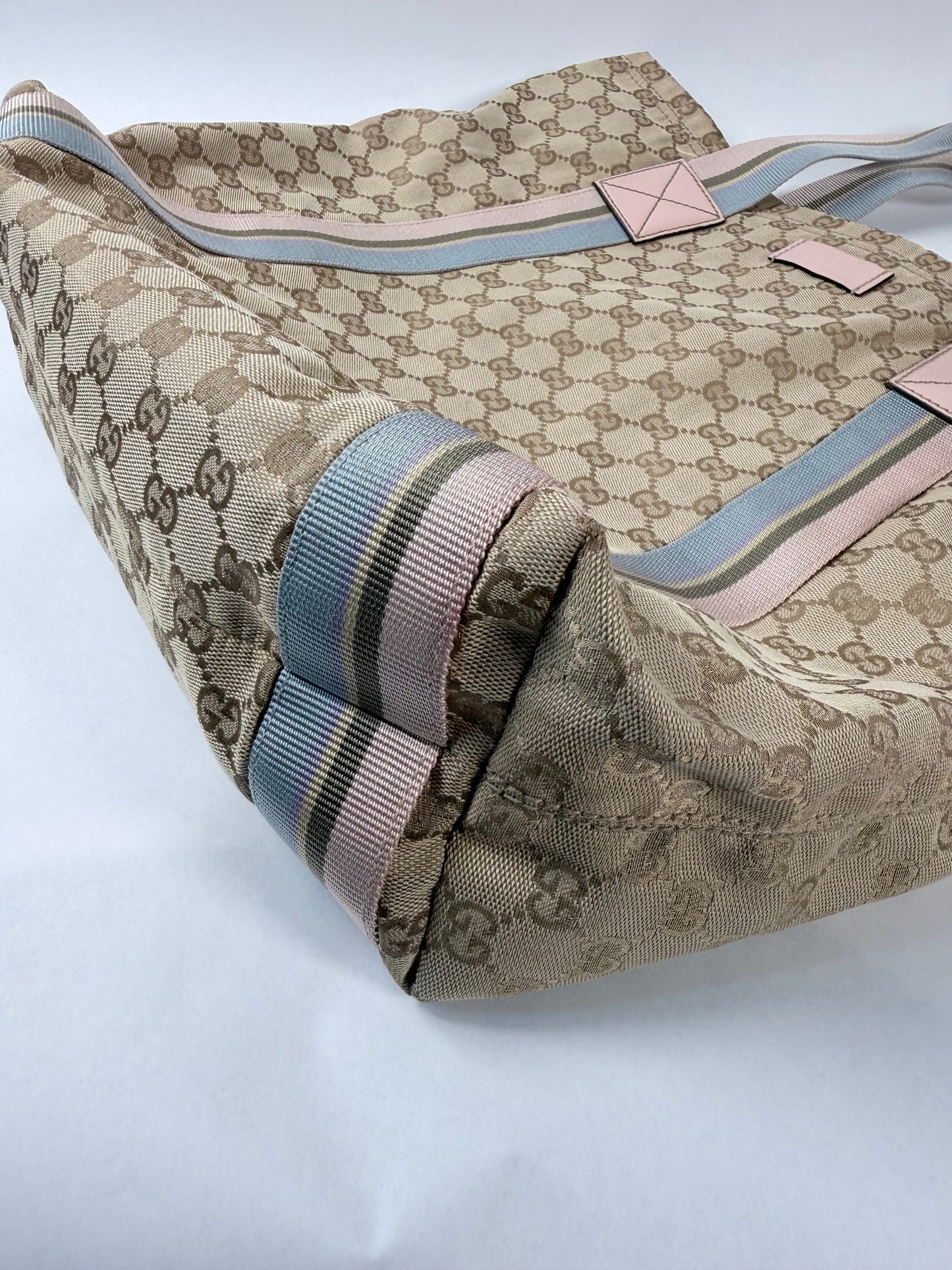GUCCI Tan/Pink Canvas Sherry Line Web Tote