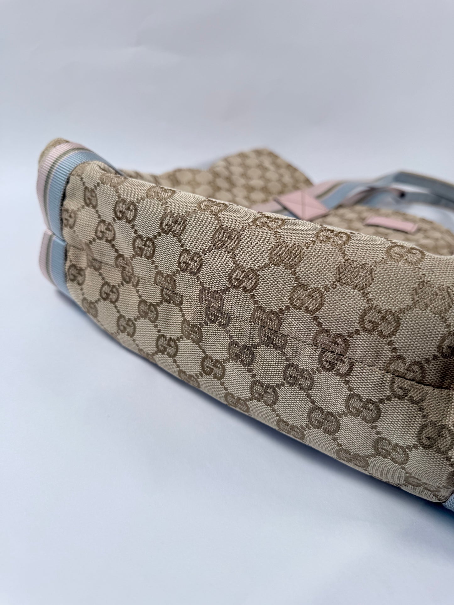 GUCCI Tan/Pink Canvas Sherry Line Web Tote