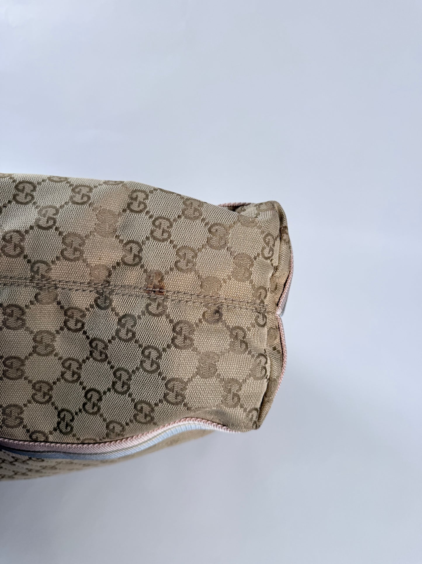 GUCCI Tan/Pink Canvas Sherry Line Web Tote