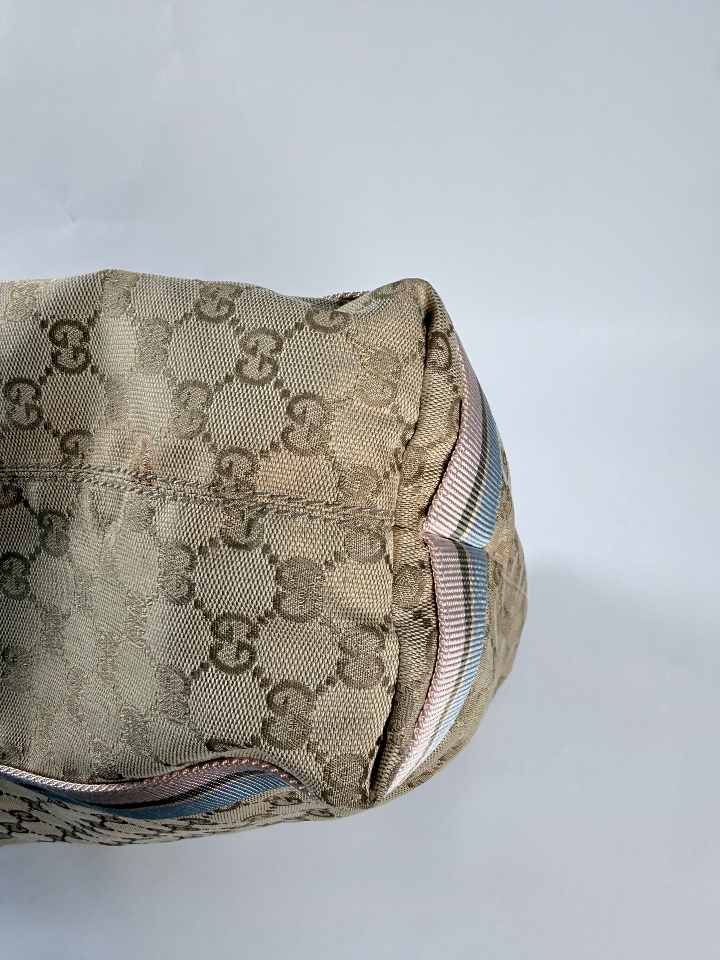 GUCCI Tan/Pink Canvas Sherry Line Web Tote
