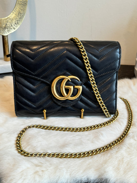 GUCCI Calfskin Matelasse GG Marmont Wallet on Chain Black