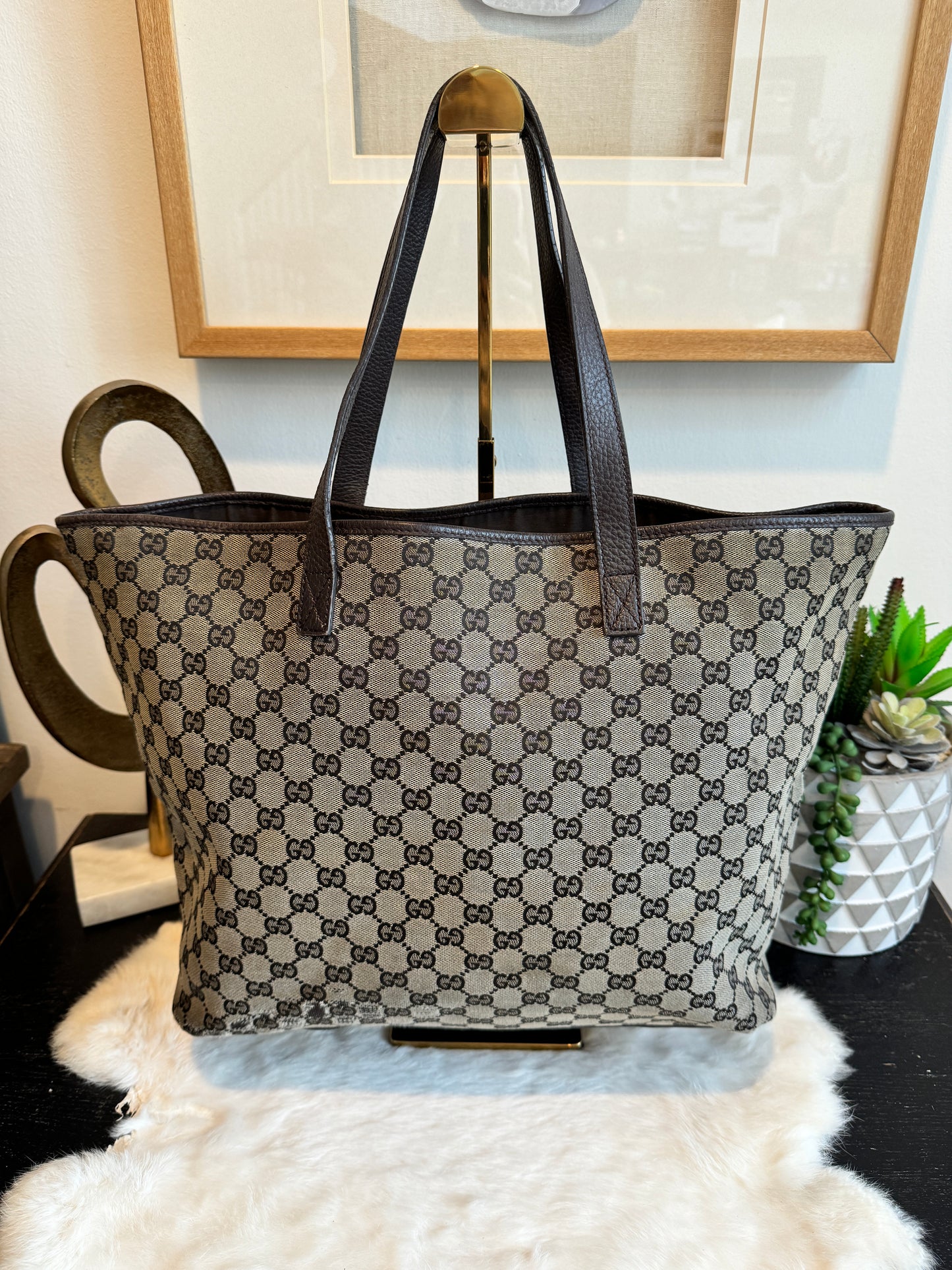 GUCCI DK Brown Canvas/Leather Tote Medium