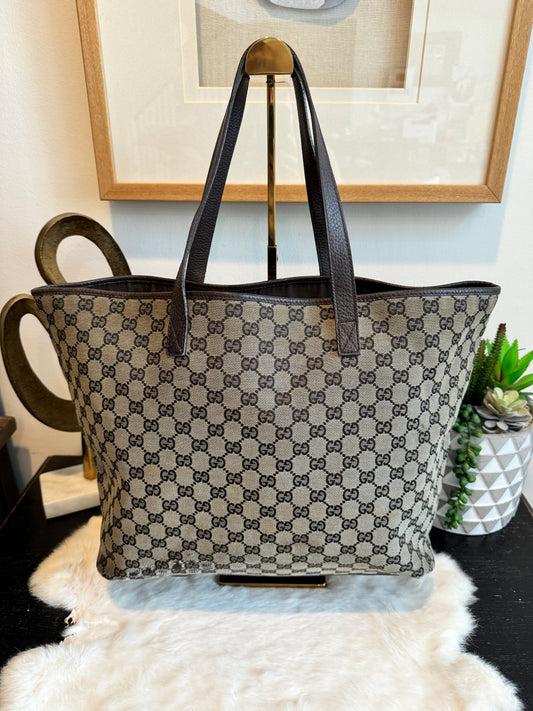 GUCCI DK Brown Canvas/Leather Tote Medium