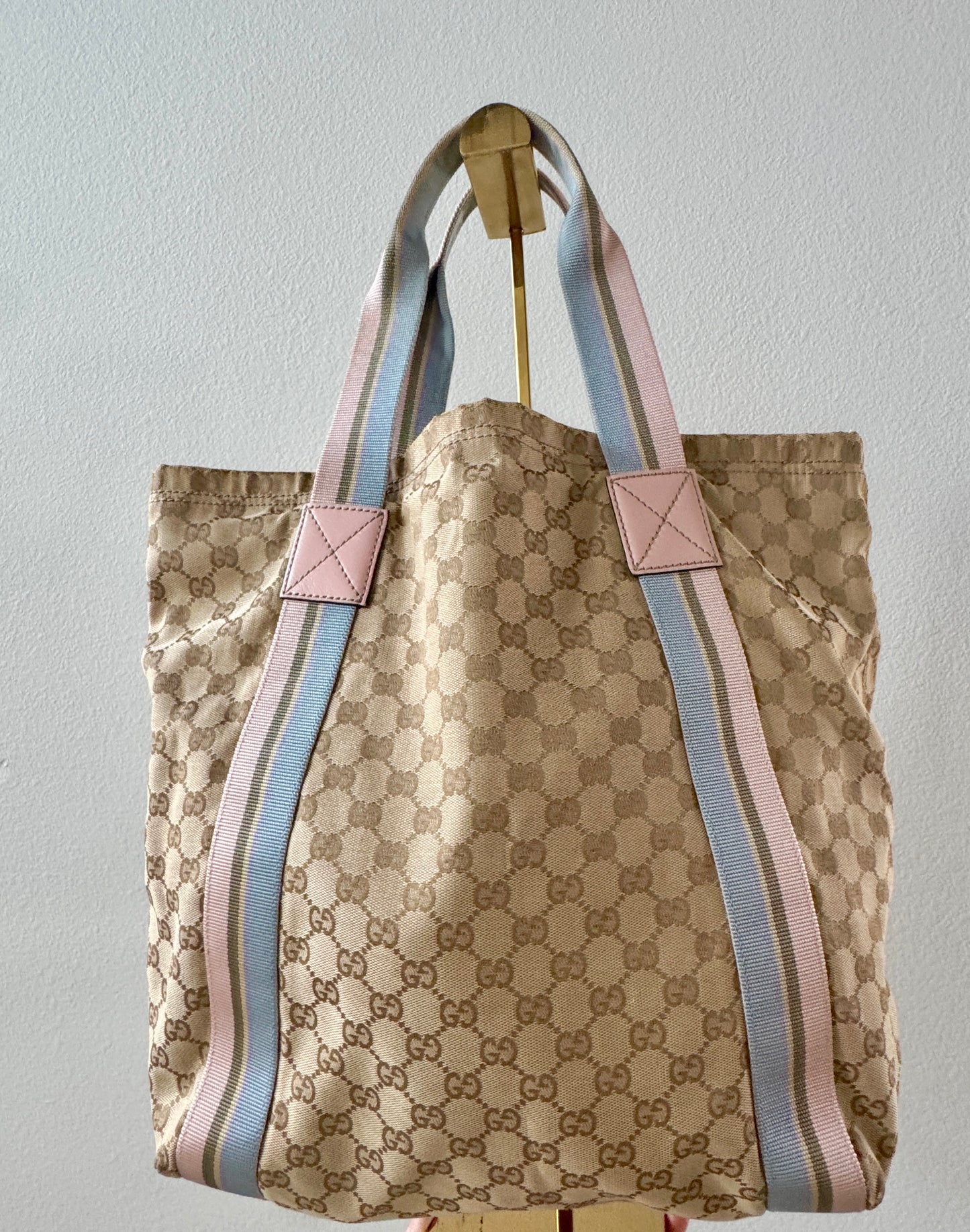 GUCCI Tan/Pink Canvas Sherry Line Web Tote