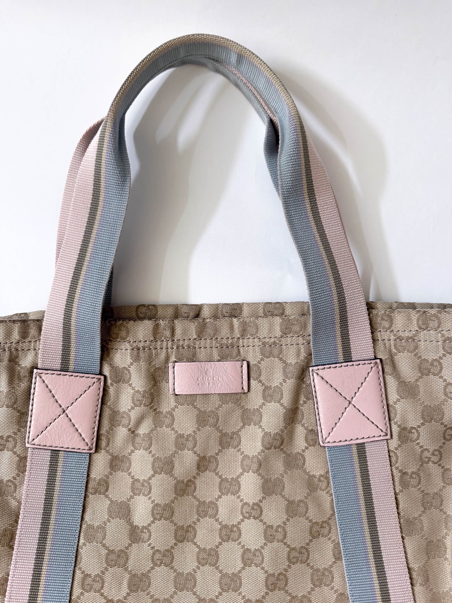 GUCCI Tan/Pink Canvas Sherry Line Web Tote