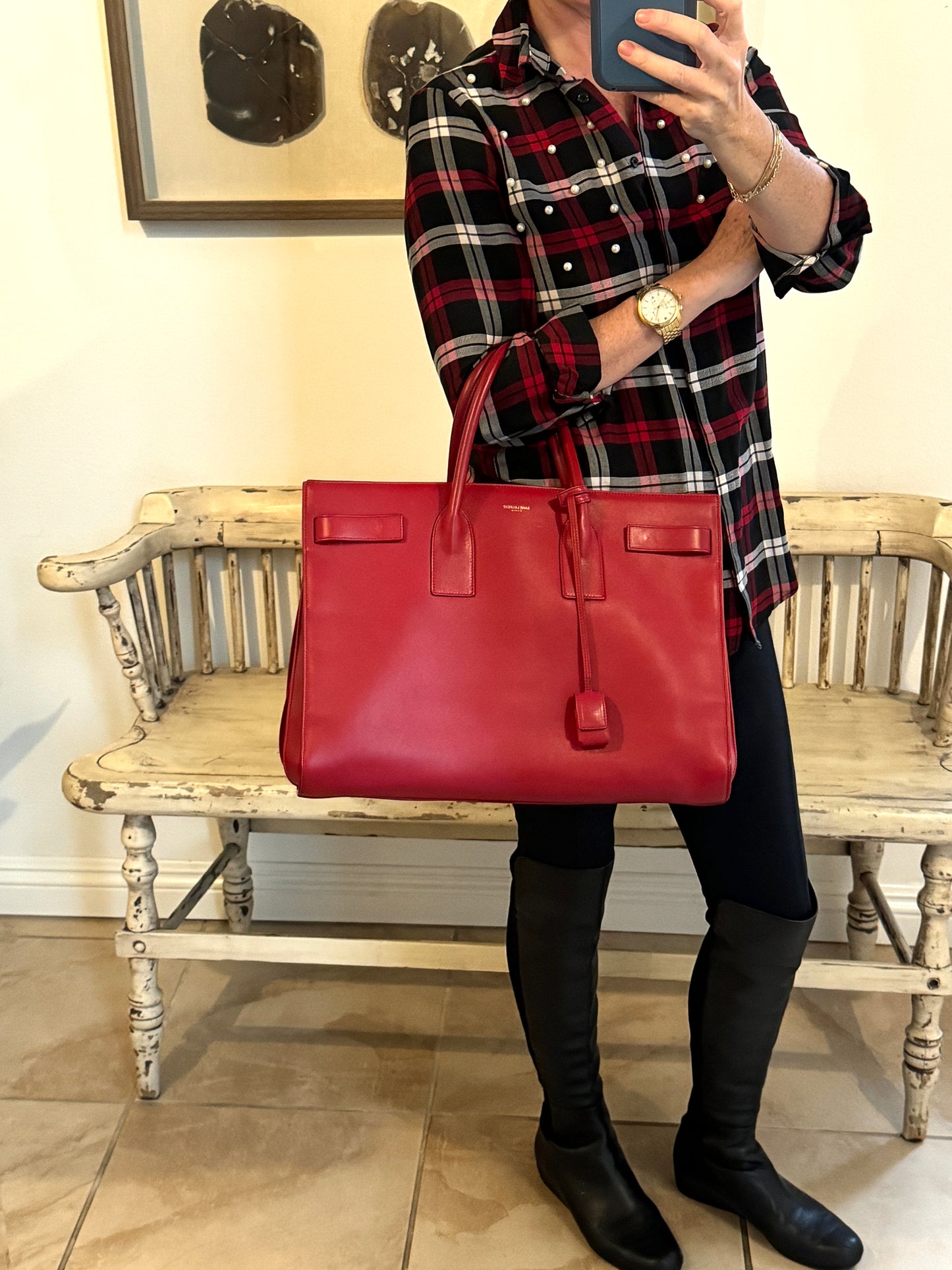 YSL Calfskin Large Sac de Jour Carryall Rouge Orient