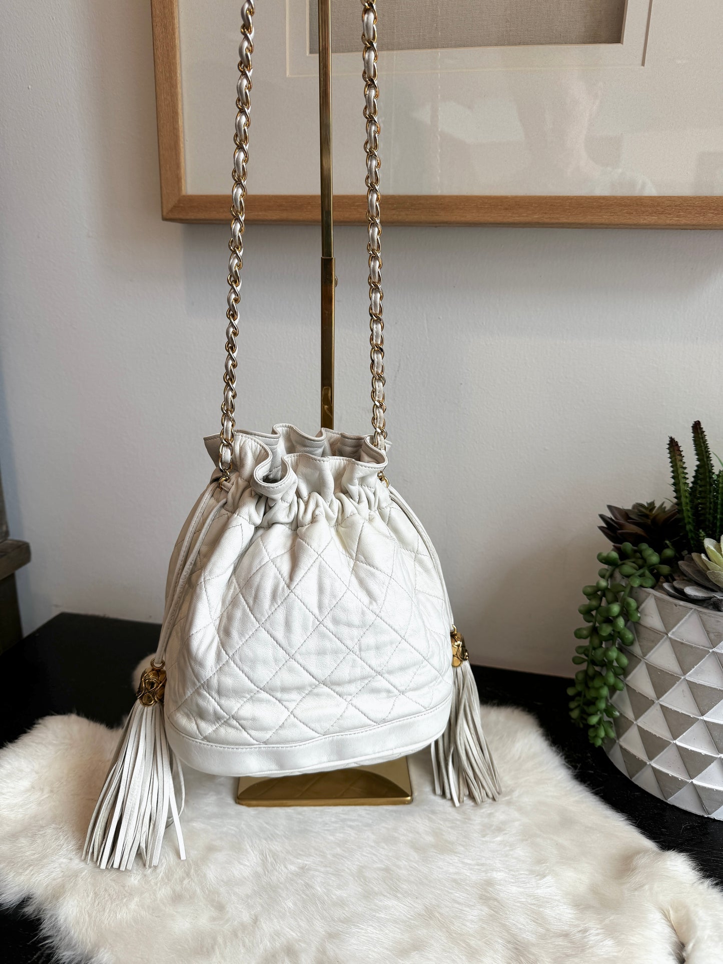 Chanel Small White Lambskin Bucket Pouch