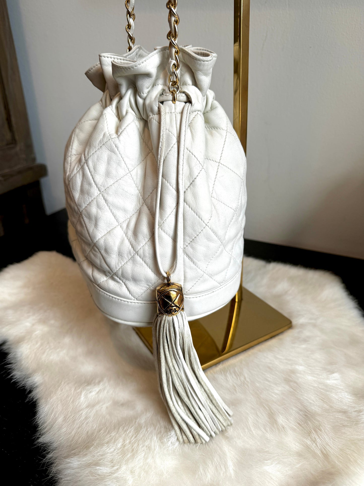 Chanel Small White Lambskin Bucket Pouch