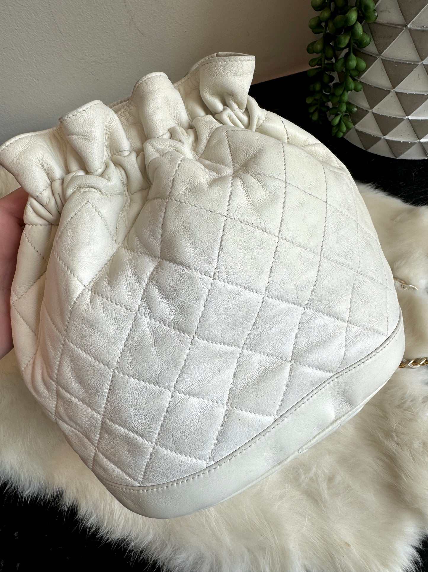 Chanel Small White Lambskin Bucket Pouch