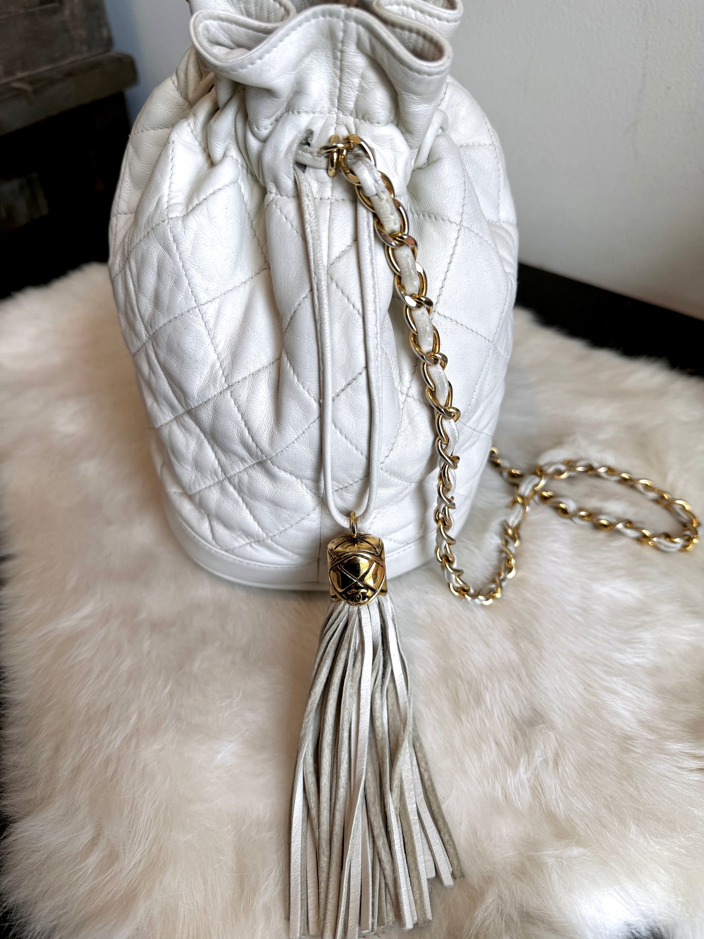 Chanel Small White Lambskin Bucket Pouch