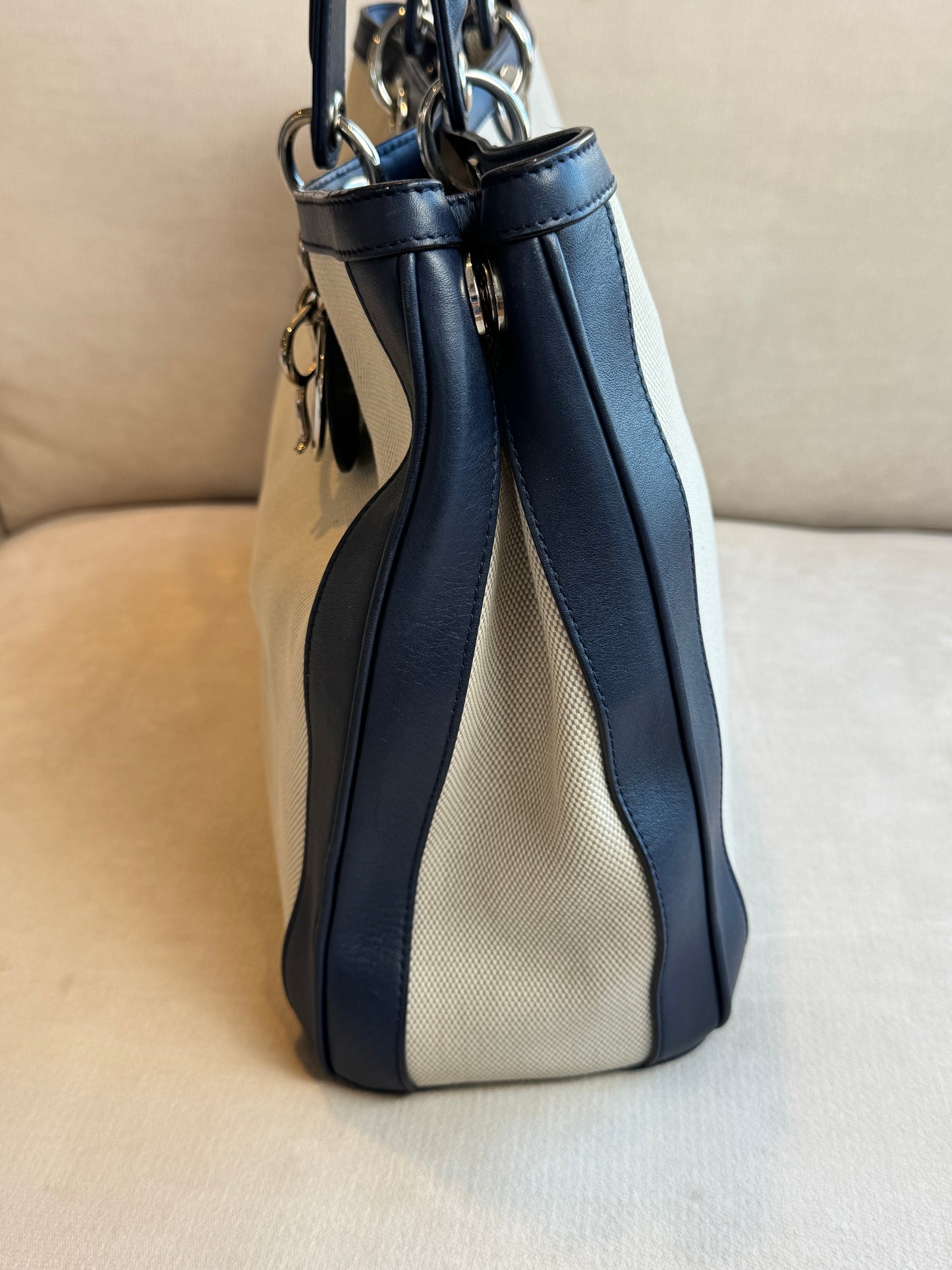 Dior Navy Canvas and Leather Large Diorissimo Tote Tan/Navy