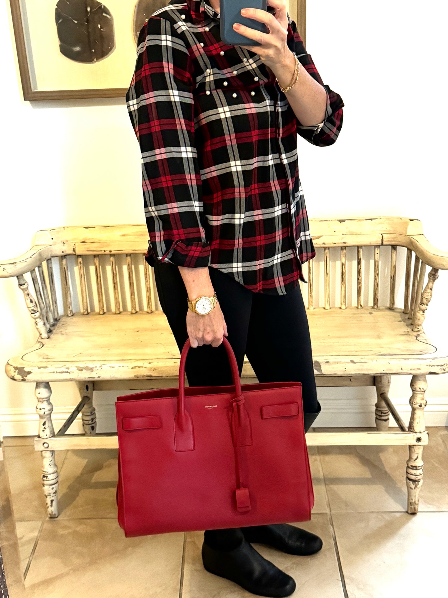 YSL Calfskin Large Sac de Jour Carryall Rouge Orient