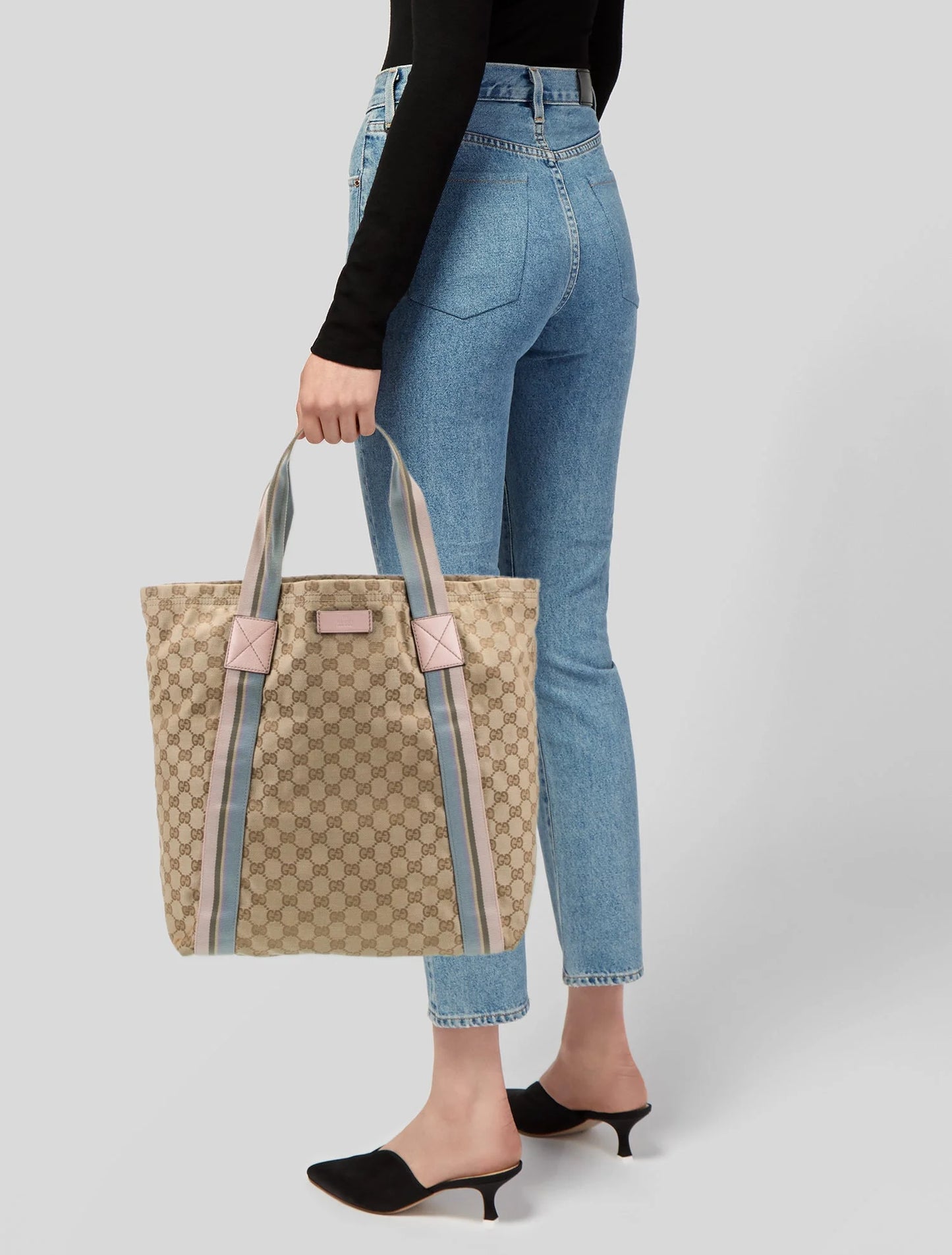 GUCCI Tan/Pink Canvas Sherry Line Web Tote