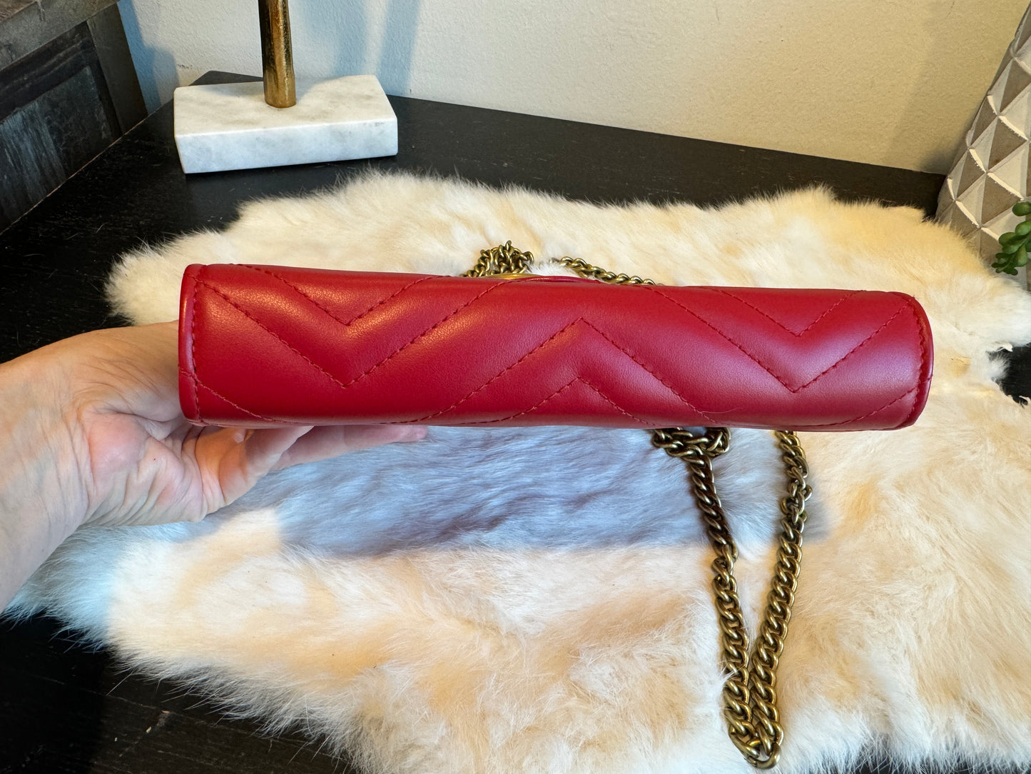 GUCCI Calfskin Matelasse GG Marmont Wallet on Chain Red