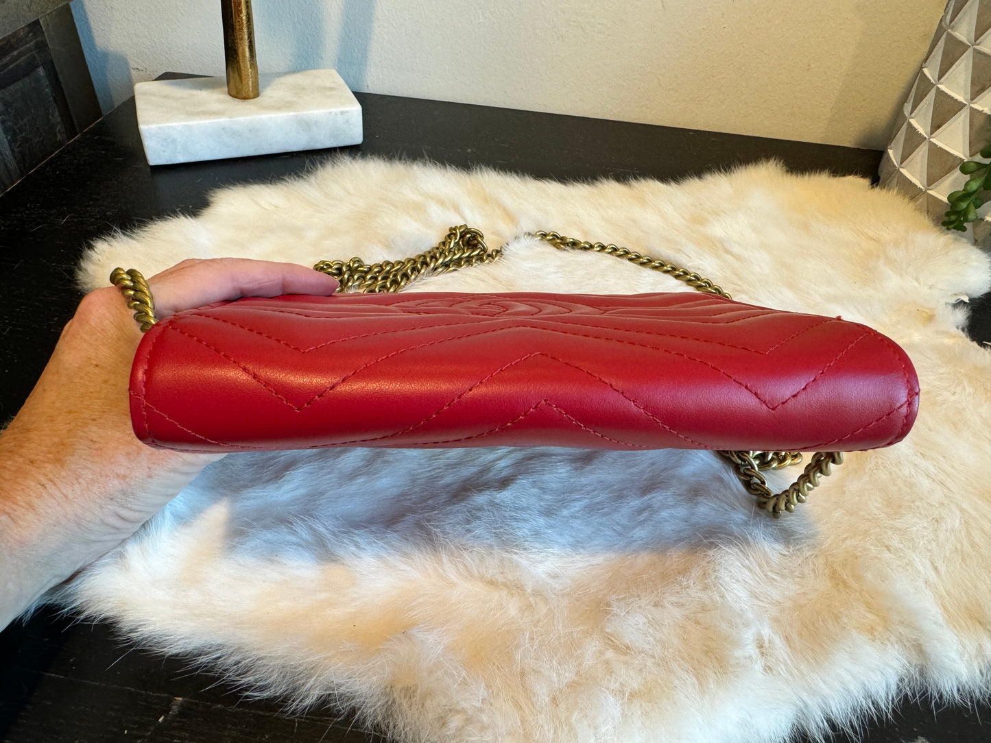 GUCCI Calfskin Matelasse GG Marmont Wallet on Chain Red