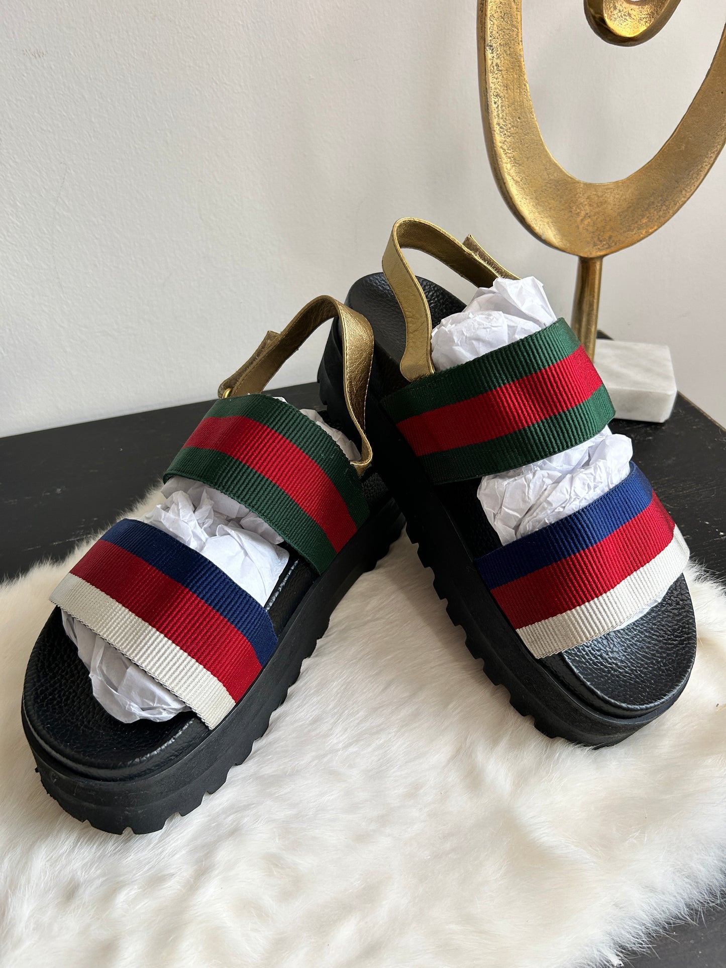 GUCCI Platform Metallic WEB Sandals Women's 39.5