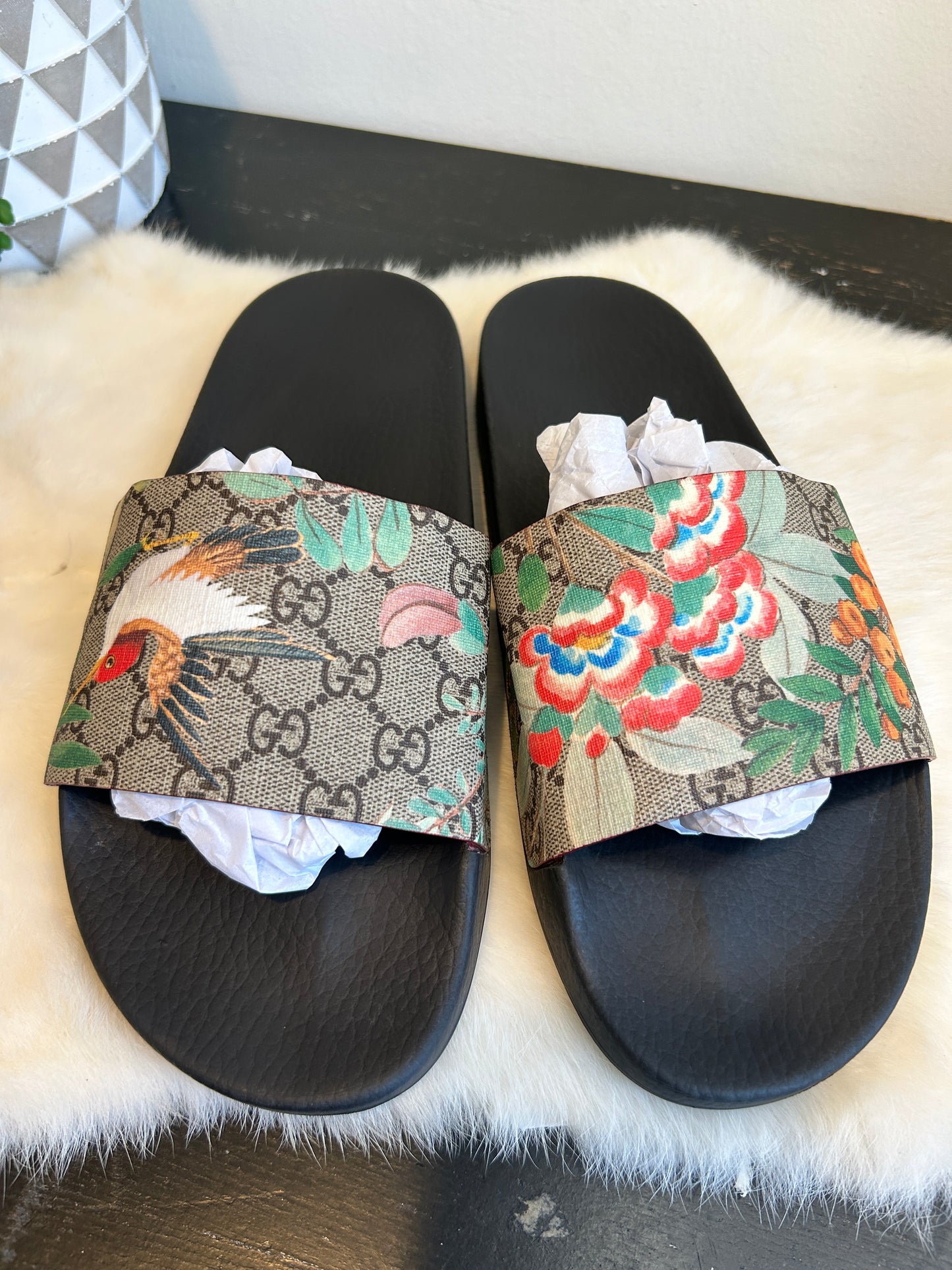 GUCCI Supreme Canvas Floral Tian Mens Slides 10EU