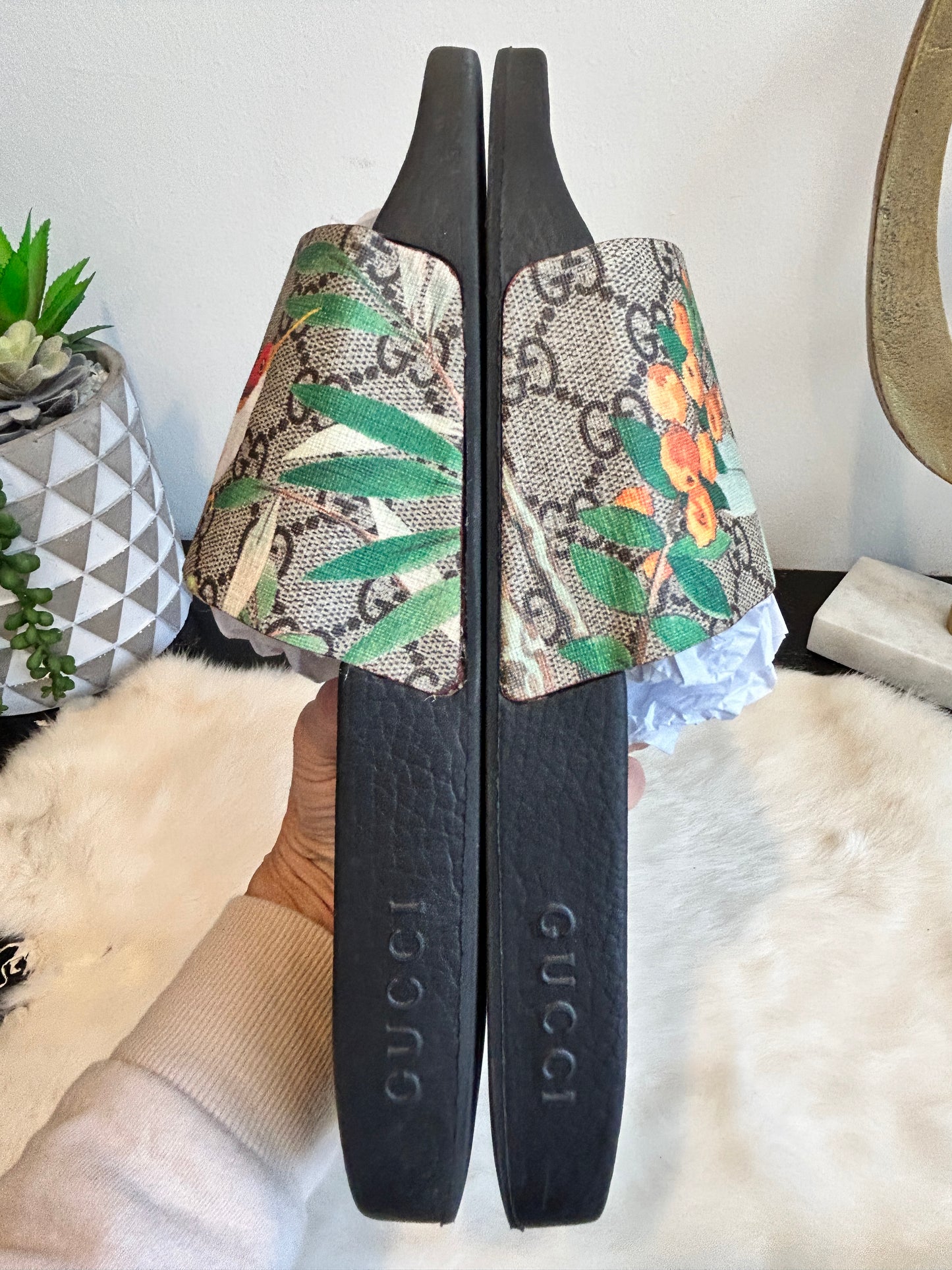 GUCCI Supreme Canvas Floral Tian Mens Slides 10EU