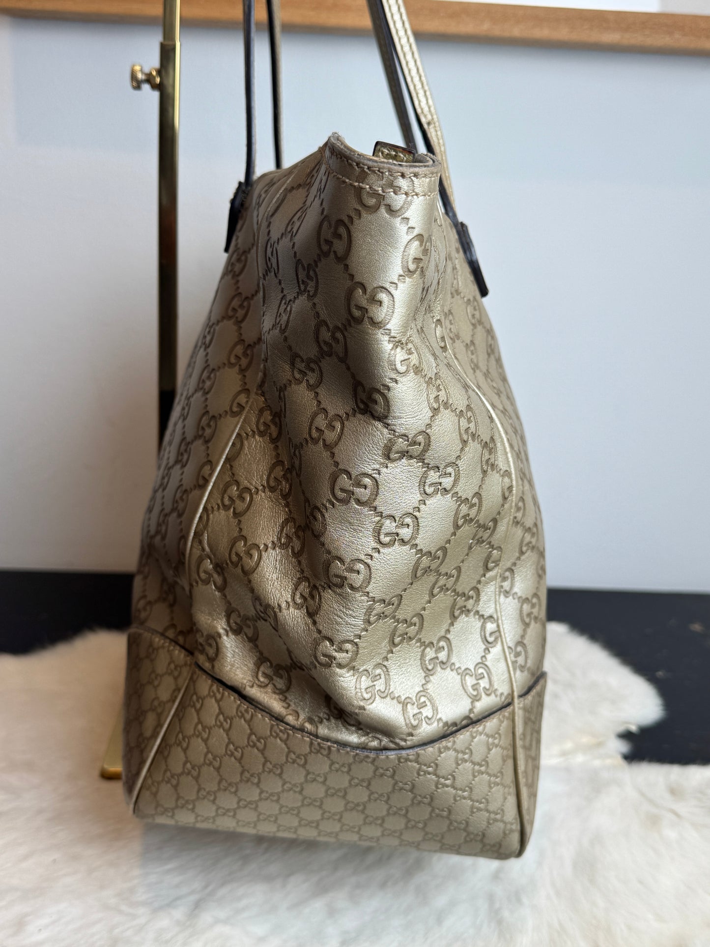 Gucci Gold All Leather Guccissima Metallic Zipper Tote