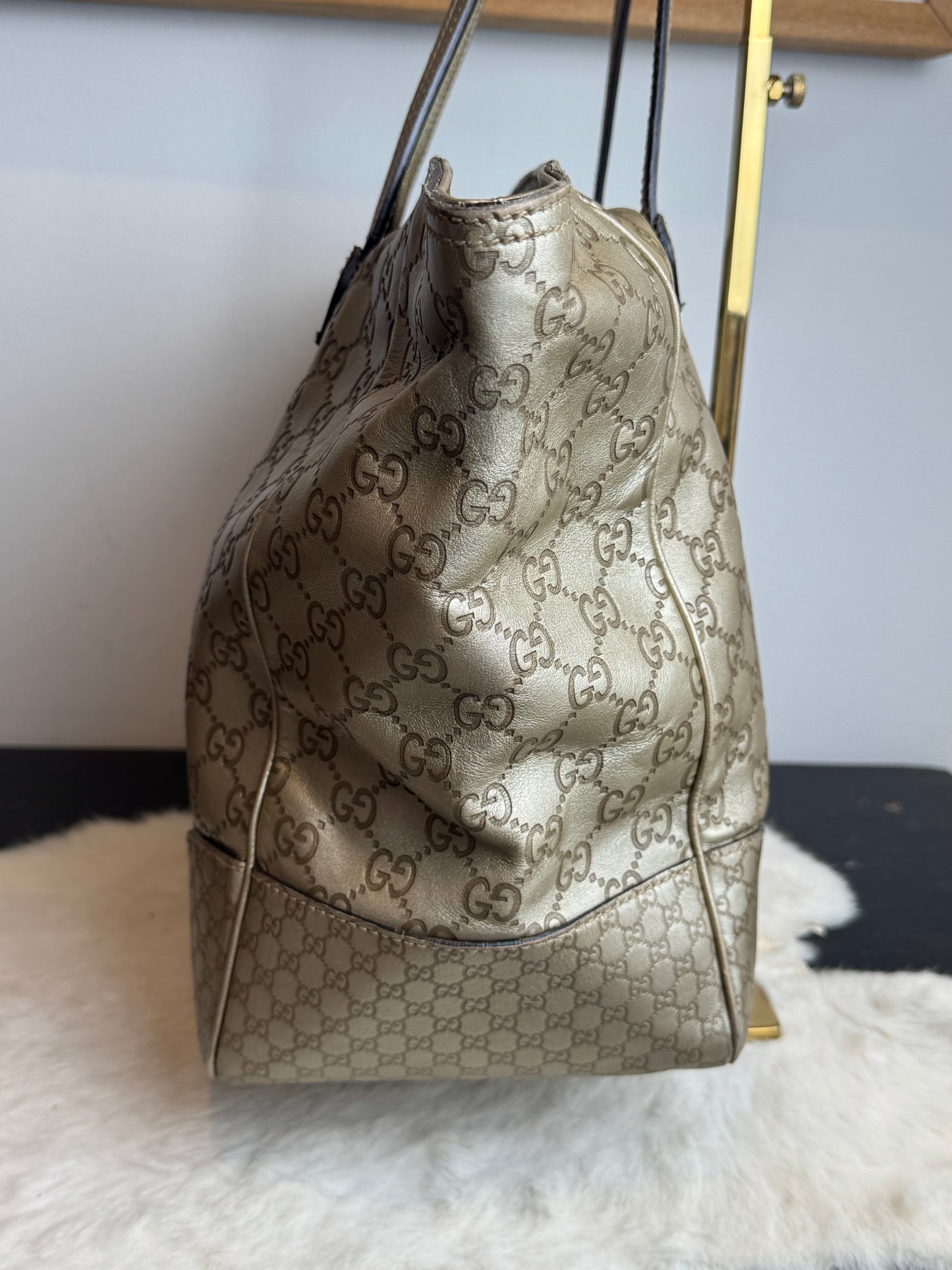 Gucci Gold All Leather Guccissima Metallic Zipper Tote