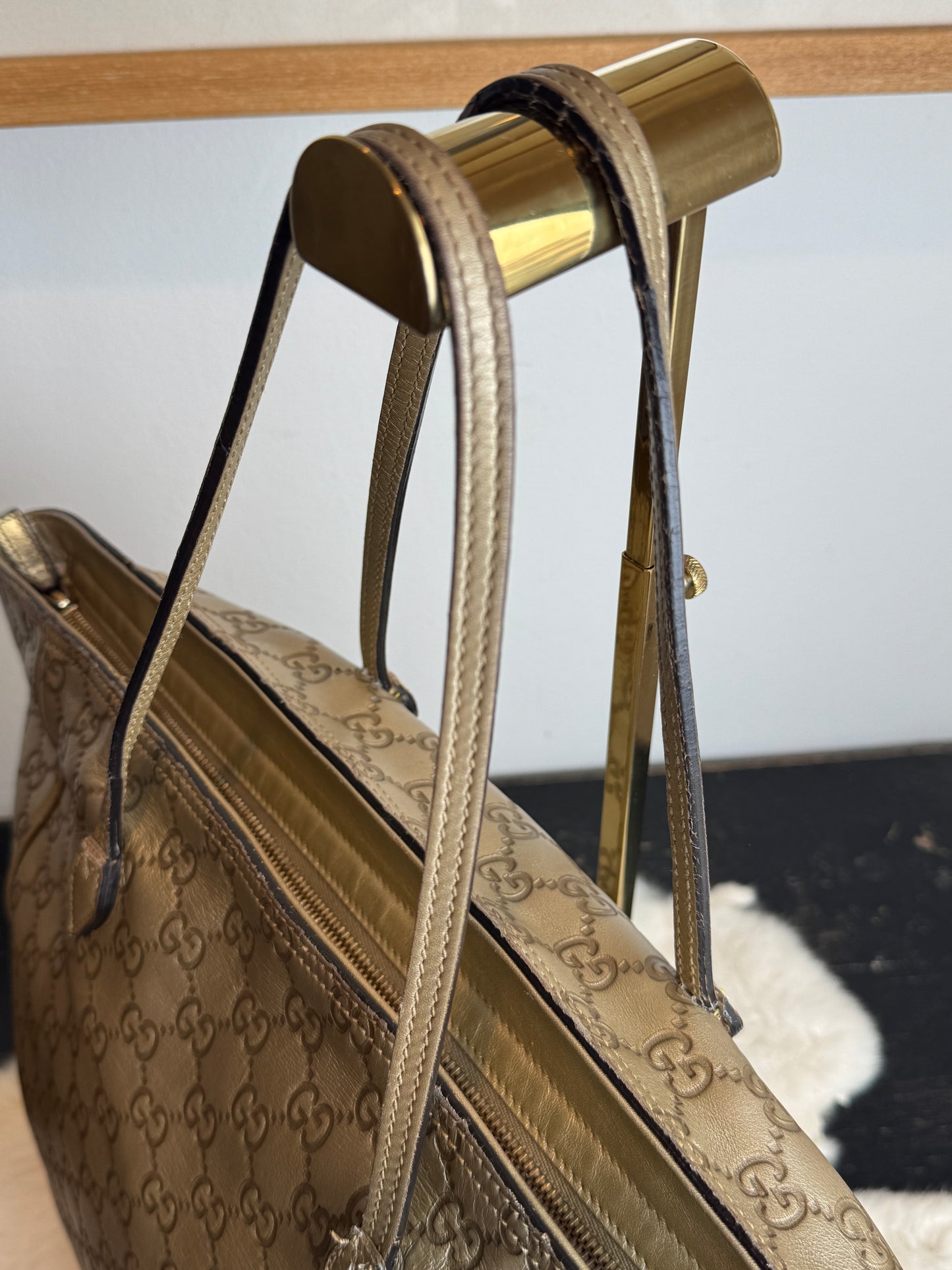 Gucci Gold All Leather Guccissima Metallic Zipper Tote