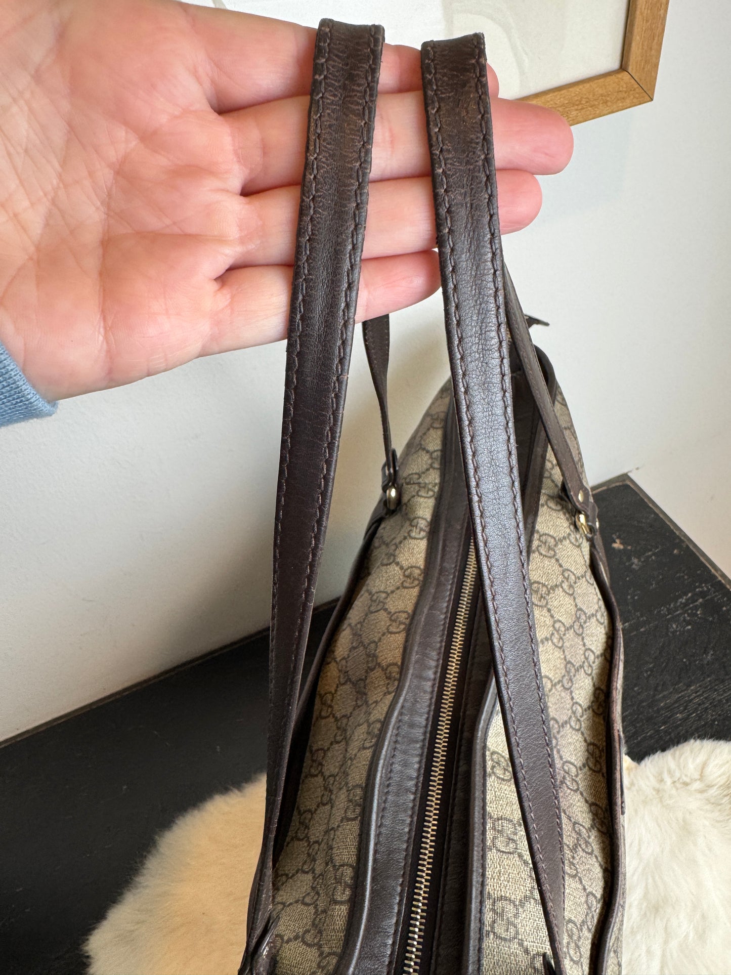 GUCCI Supreme Canvas Zip Top Dk Brown Tote