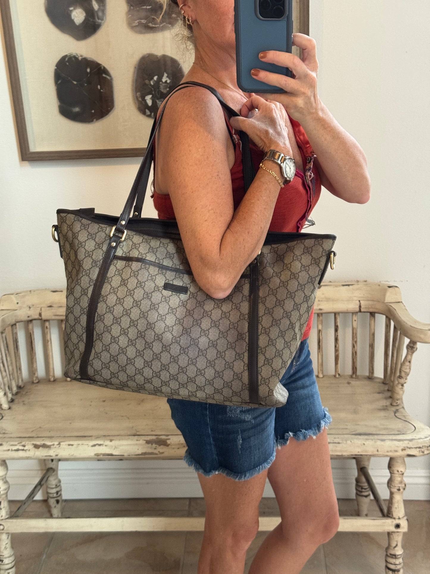 GUCCI Supreme Canvas Zip Top Dk Brown Tote