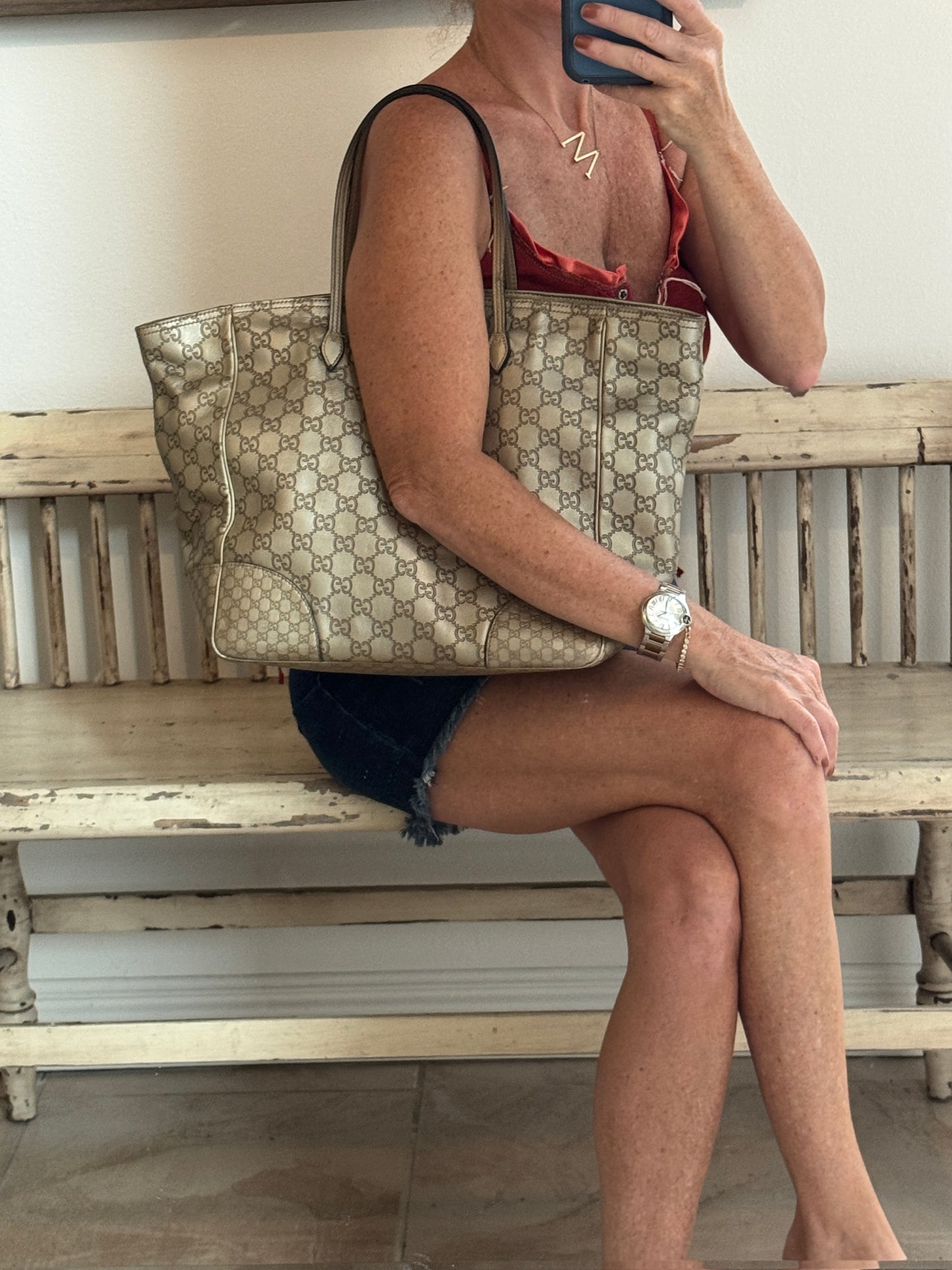 Gucci Gold All Leather Guccissima Metallic Zipper Tote