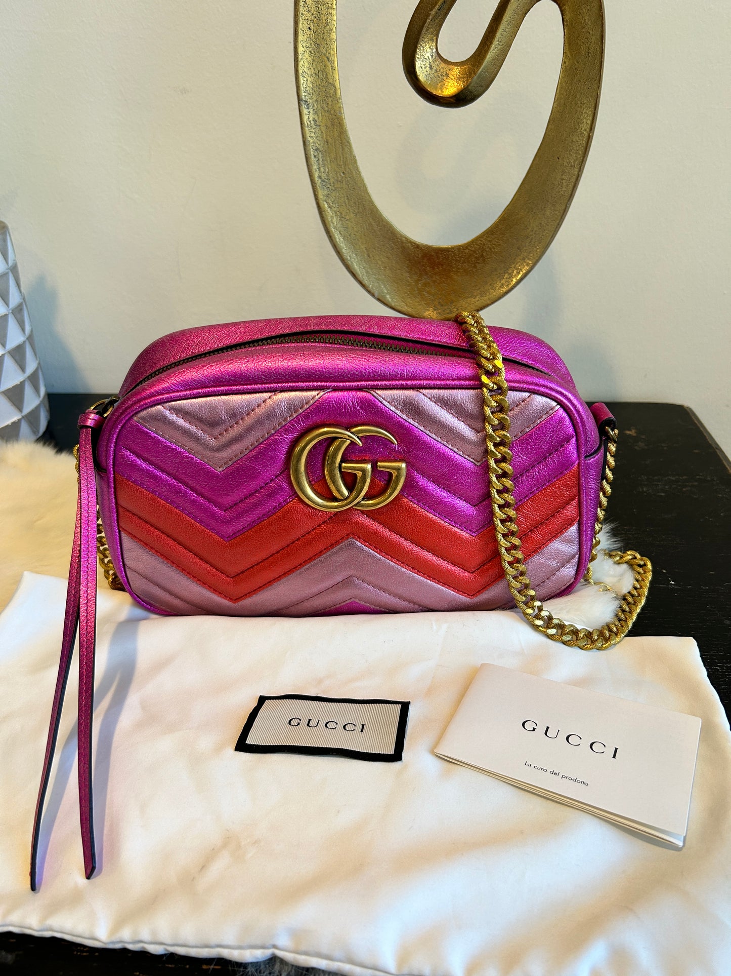 GUCCI Pink GG Marmont Metallic Chevron Tri-Color Bag