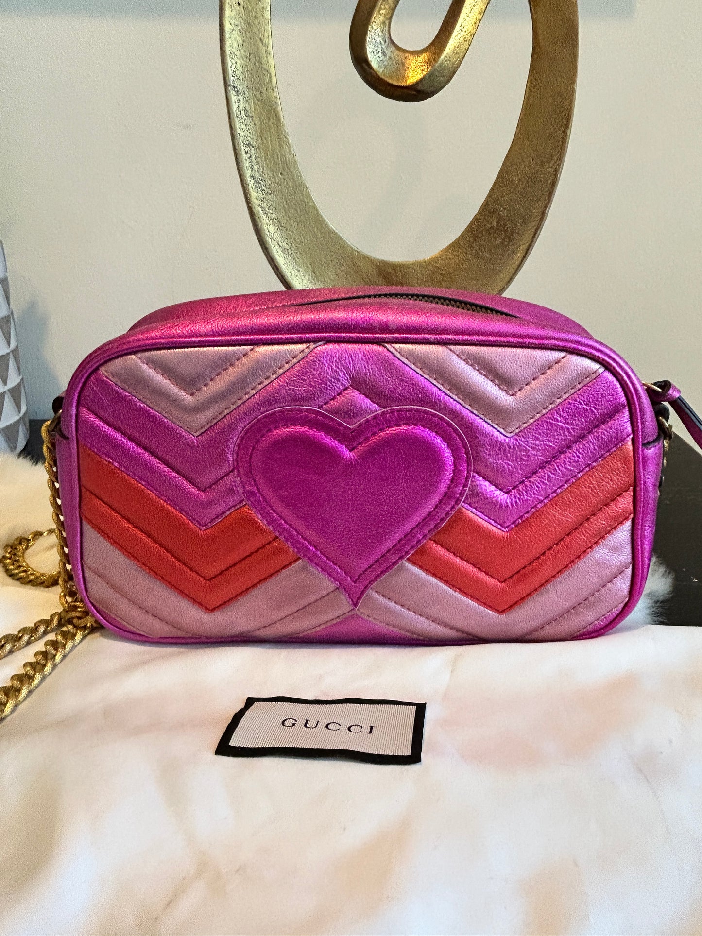 GUCCI Pink GG Marmont Metallic Chevron Tri-Color Bag