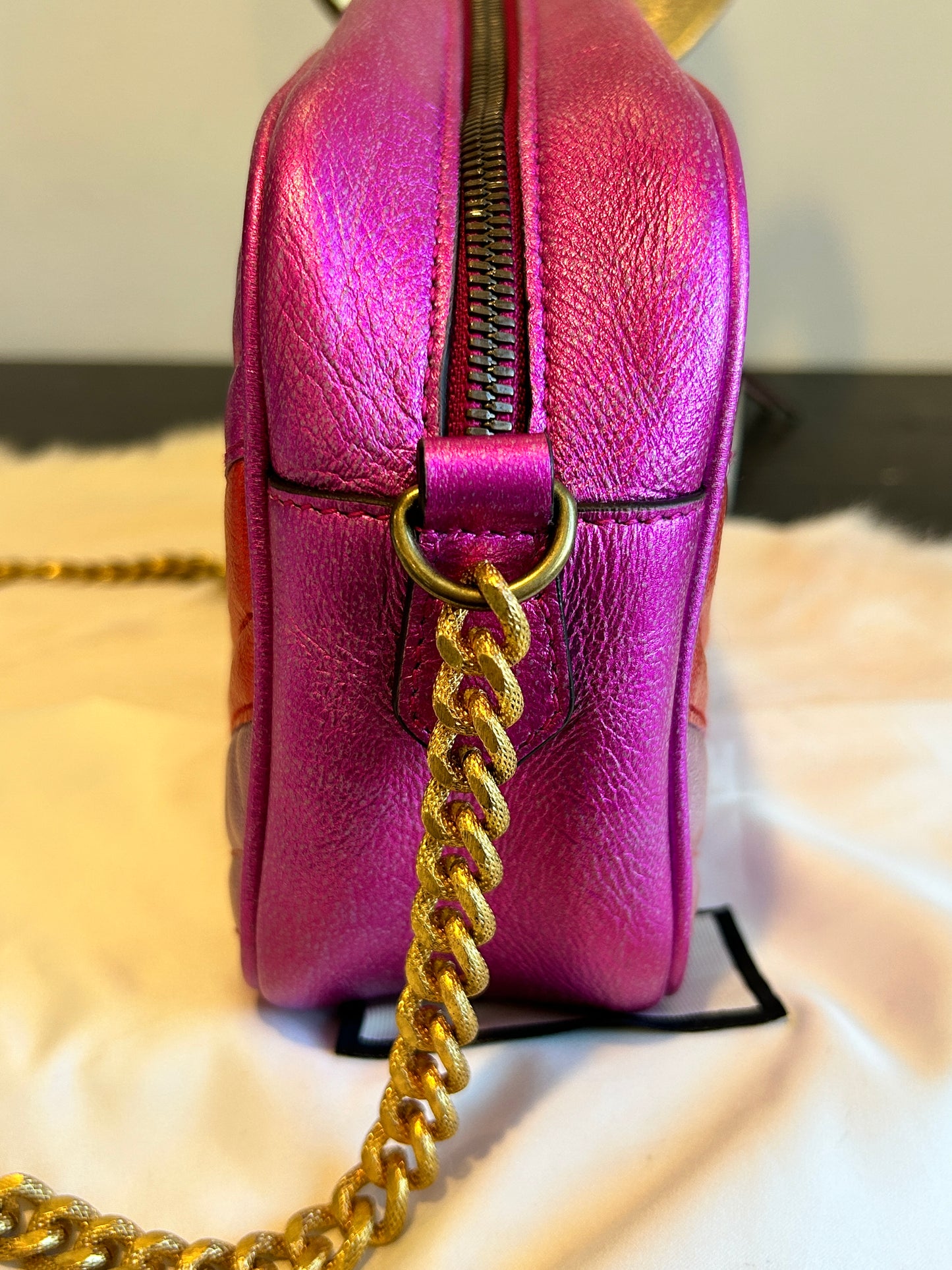 GUCCI Pink GG Marmont Metallic Chevron Tri-Color Bag