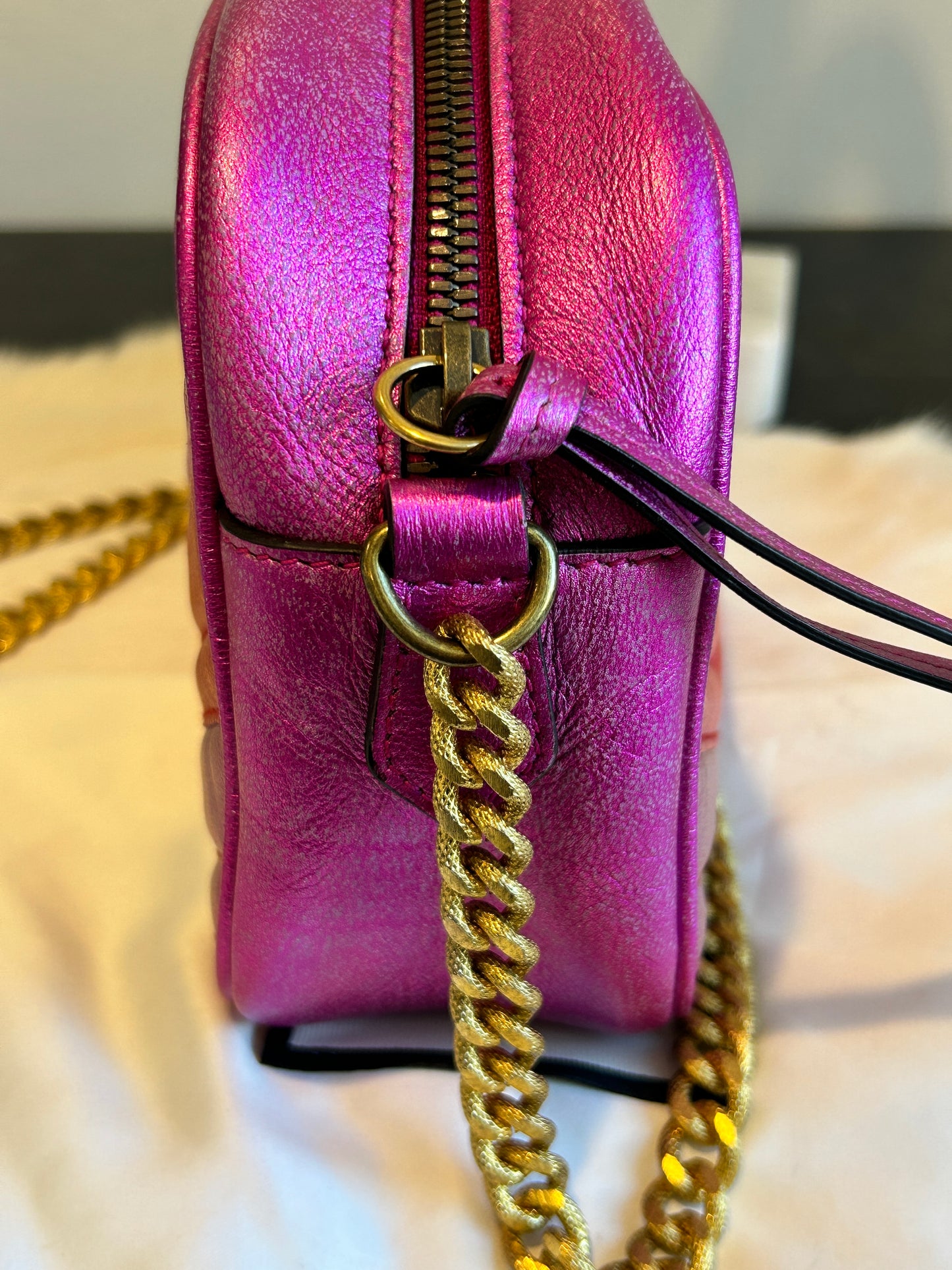 GUCCI Pink GG Marmont Metallic Chevron Tri-Color Bag