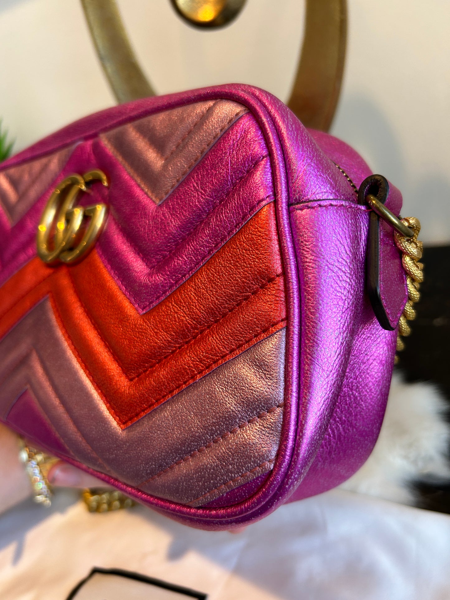 GUCCI Pink GG Marmont Metallic Chevron Tri-Color Bag