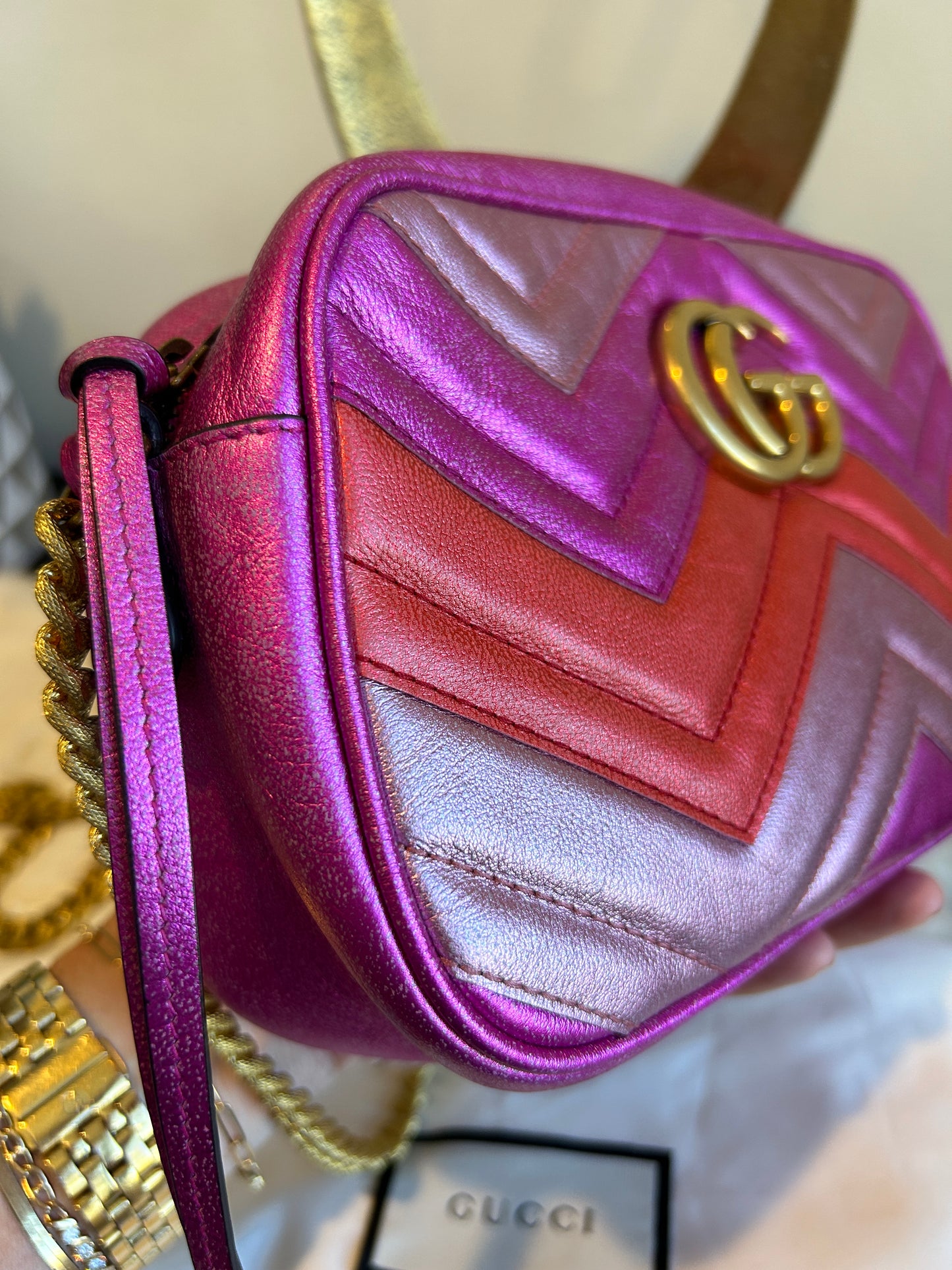 GUCCI Pink GG Marmont Metallic Chevron Tri-Color Bag