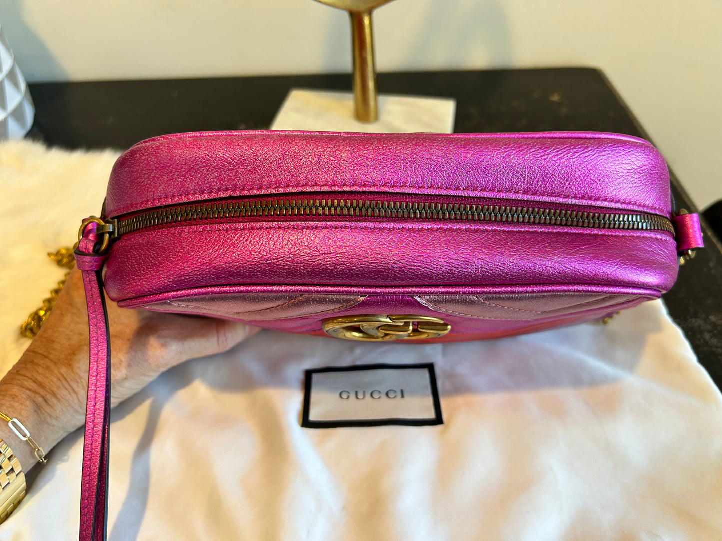 GUCCI Pink GG Marmont Metallic Chevron Tri-Color Bag