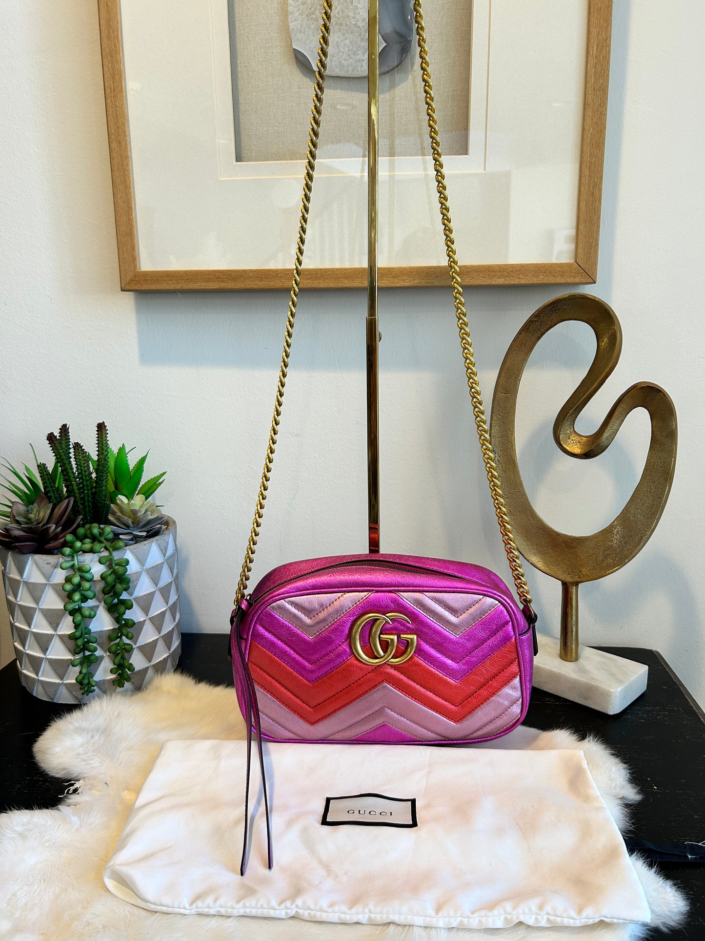 GUCCI Pink GG Marmont Metallic Chevron Tri-Color Bag