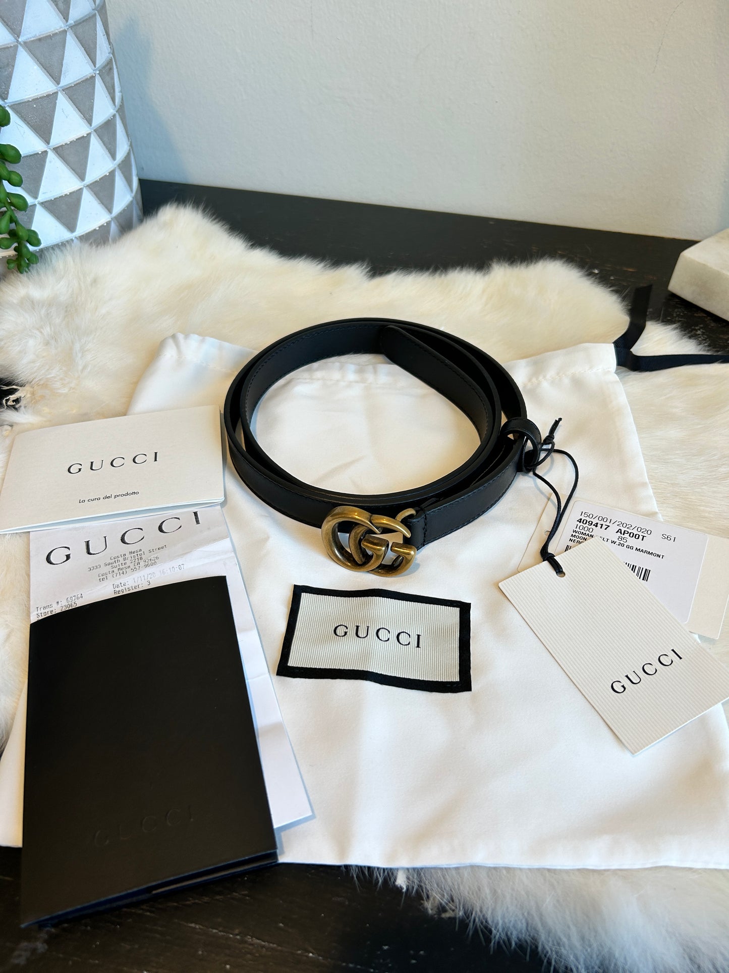 Gucci GG Black Marmont Skinny Leather Women's Belt 85/34