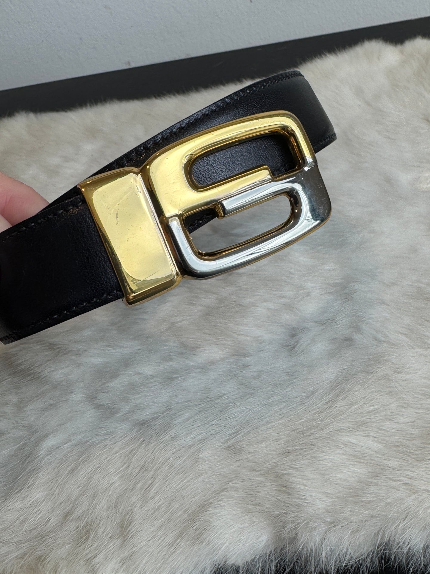 Gucci Parfums Men's Vintage Black Leather Belt Two Tone GG